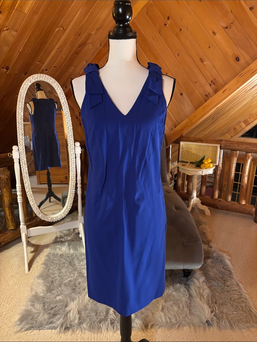 Joseph Ribkoff Electric Blue V-Neck Sheath Dress with Shoulder Bows